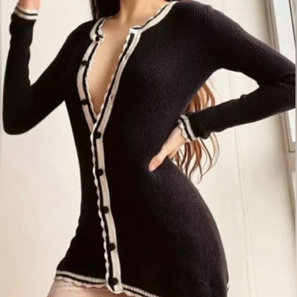 Moda international  VTG Style black &white Waffle knit cardigan. Silk & Cashmere - Picture 1 of 14